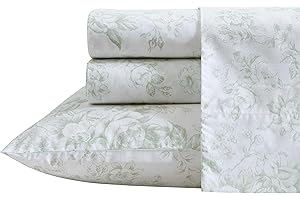 Laura Ashley Prześcieradła w rozmiarze Twin, zestaw pościeli z bawełny perkalowej, lekka i oddychająca dekoracja domu, kolor zielony (Toile Delight Green), rozmiar Twin