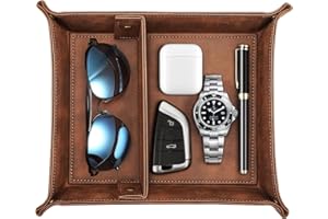 SITHON Vassoio Portaoggetti in PU Pelle con 2 scomparti removibili, Contenitore Svuotatasche Organizzatore da Comodino Scrivania per Gioielli, Telecomando, Chiavi, Telefono, (*Marrone)