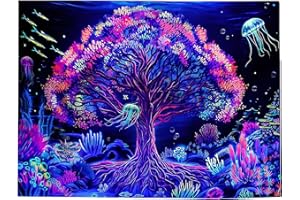 Eozighi Arazzo da parete con albero della vita, 150 x 200 cm, psichedelico, fluorescenza, albero della vita, luna, sole, decorazione da parete, per camera da letto, soggiorno, copriletto