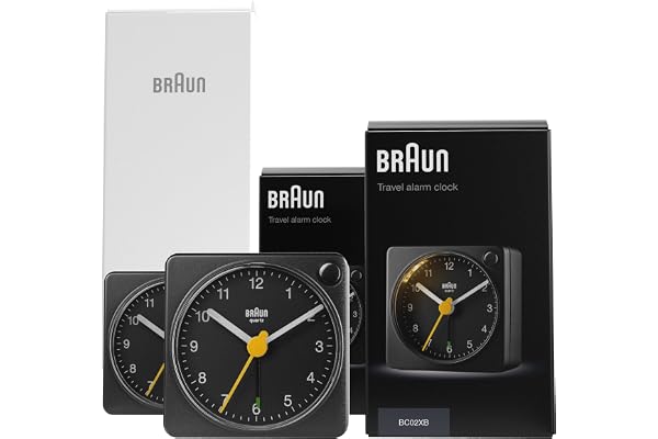 Braun Classic reseanalog väckarklocka med snooze och ljus, kompakt storlek, tyst kvartsrörelse, svart, modell BC02XB (2 Pack).