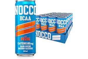 NOCCO Boisson énergissante goût pêche 180 mg caféine 24x330ml Boissons énergétiques, Sans Sucre BCAA (Peche)