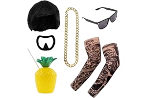 I LOVE FANCY DRESS Ibiza Final Boss Kostüm Zubehör Set - Schwarze Schalenschnitt Perücke, Ziegenbart, Goldkette, Fake Tattoo Ärmel, Schatten & Ananas Cup - Faschingskostüm-Kit für Festivals & Partys Trend