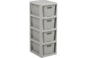 BranQ Home essential Étagère en Plastique polypropylène, Aspect rotin, sans BPA, Gris Clair, 29,5 x 24 x 64,2 cm, 4 paniers