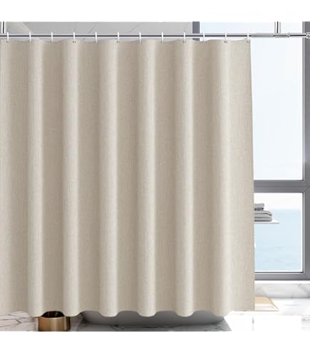Douchegordijn voor badkamer in vlaslinnen, zware stof van 240 g/m², met haken, luxe hotelstijl, wasbaar, wit, 279 x 200 cm