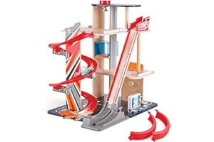 Hape Jouet Garage Voiture en Bois - Garage de Cascadeur à Piste Tournante - Circuit Voiture sur 3 Niveaux - Ascenseur pour Voiture, Looping, Rampe Pivotante - Jeu pour Enfant de 3 Ans et Plus