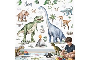 wondever Large Dinosaur Wall Stickers Watercolor Tropical Animals Dino Plants Volcano Wall Art Decals for Boys Room Baby Nursery Kids Bedroom