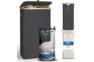 HENNEZ 100L Bamboo Laundry Basket with Lid - With Removable Bag - Dirty Clothes Basket Washing Baskets - Hamper Wash Baskets Bin