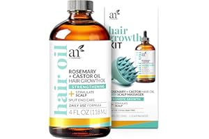 Artnaturals Organic Rosemary Castor Hair Oil + Scalp Massager 118ml ounces with Coconut & Olive Oil for Dry, Damaged & Split End