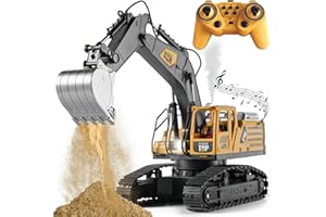 TOMOROY Ferngesteuerter Bagger Spielzeug für Kinder, 14 Kanal Fernbedienung Bagger Konstruktionsspielzeug Traktor, Metallgrabenkopf, Klang, Beleuchtung und Simulierter Rauch, Jungen