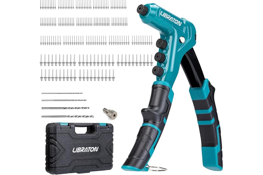 Libraton One-Handed Rivet Gun, Pop Rivet Gun Set, Professional Hand Riveter, Manual Riveting Tool with 200 Rivets for Metal, Includes 4 Drill Bits, 4 Tool-Free Interchangeable Heads, Storage Case