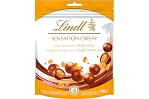 Lindt Sensation Crispy Maíz Tostado, bolas de chocolate con leche rellenas de maíz tostado, snack de chocolate Lindt, grageas de chocolate intenso y suave, 140g