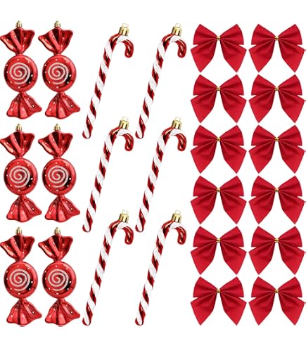 Décorations De Noël à Suspendre - Lot De 24 (12 Suçons D'orge + 12 Nœuds) - Rouge Et Blanc - Pour Sapin, Guirlandes, Fenêtres - 8