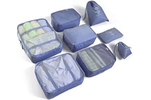 BillyBath Zestaw organizerów, torby na ubrania, torby na buty, organizer podróżny, kostki do pakowania, organizer na kosmetyki, torby podróżne, torby do pakowania walizek (8-częściowy, granatowy)