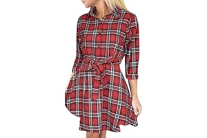 FANCYINN Top a Maniche Lunghe a Quadri Scozzesi a Quadri a Maniche Lunghe Camicia Casual con Cintura