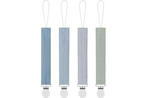 MOODY BABY MoodyBaby® Soft Organic Muslin Cotton Fabric Dummy Clips - Handmade Pacifier Clip Chain for Babies Newborns Girls Boys - Mam Soother Chain Neutral Unisex Boho Shower Gift - 4 Pack (Blue Green)