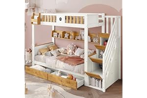 Gegtuon Etagenbett Kinderbett 90x200 mit Tafeln, Treppe mit Stauraum Regal und Schubladen Bett Bettgestell für 2 Kinder, Hochbett Hausbett mit Lattenrost und Rausfallschutz, ohne Matratze, Weiß&Natur