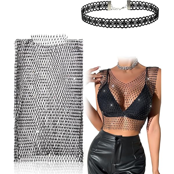 Top Con Catena Corpo Donna - Rete Con Strass Lucidi | Scollo A V Per Festival E Discoteca | Taglia M - Foto 5