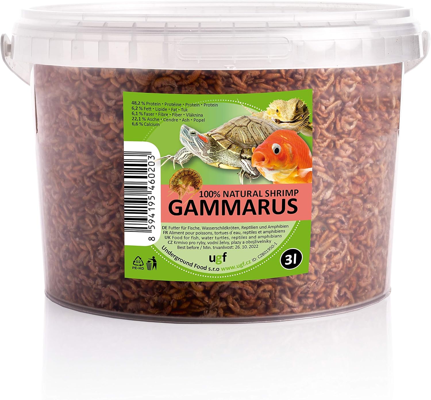 UGF - Camarones Gammarus Premium Deshidratados de Agua Dulce - 318 g en un Cubo de 3 litros, Alimento para Tortugas, Peces de Acuario, Ajolotes, Hámsteres, Erizos, Carpas Koi y Ratas