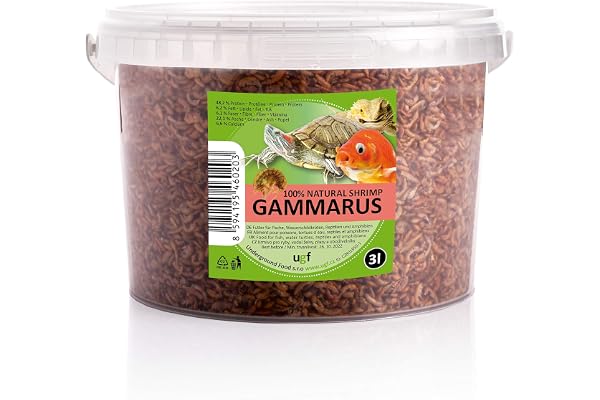 UGF - Crevettes d'eau Douce séchées Gammarus de qualité supérieure - 318 g en Seau de 3 litres, Nourriture pour Tortues, Poissons d'aquarium, Axolotls, Hamsters, hérissons, carpes koï et Rats