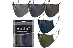 NUÜR Ladies & Men’s 100% Cotton Breathable Face Mask 5-Pack in 5 Colours, Adjustable Ear Loops, 3-Layer Protection, Soft, Machine Washable, Durable for Everyday Use