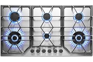 PremierTech Piano Cottura a Gas 6 fuochi, 90 cm, Acciaio Inox, Incasso 83 x 49cm, Doppio Bruciatore Wok, Supporti in Ghisa professionali, predisposto Metano e Kit Ugelli GPL inclusi, PC906