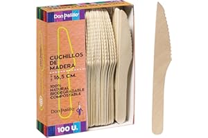 DON PALILLO - 100 Cuchillos desechables de madera de 16,5 cm. 100% natural, ecológico y biodegradable