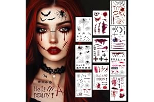 LUCKEEY Tatouage Maquillage Halloween pour Visage, 10 Feuilles Deguisement Halloween Femme Homme Fille Garcon Stickers, Araignée Fausse Cicatrice Autocollant, Vampire Costume Enfant Adulte Accessoire