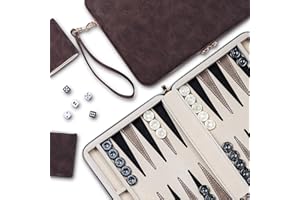 Lingle Jeux de Backgammon de 23,9 cm pour Adultes, Jeu de société Classique avec étui de Backgammon Pliable en Cuir, Ensemble de Backgammon de Voyage Portable, Comprenant 30 Dames en Corne (Marron)