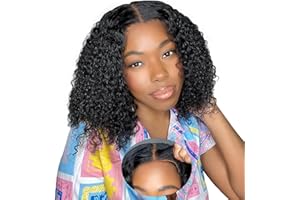 BELUCK 4x4 Glueless Pre-Cut Lace Wig Human Hair 200% Densité Perruque Femme Naturelle Perruque Brésilien Bouclée Cheveux Humain Sans Colle Deep Curly Wig Natural Color 10 Pouces