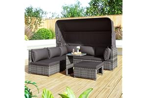 KAYAN Polyrattan Lounge Set, 5-teiliges Rattan-Gartenmöbel-Set, Patio-Lounge-Set mit Baldachin, Allwettergeflecht, waschbare Kissen, graues Geflecht + graue Kissen