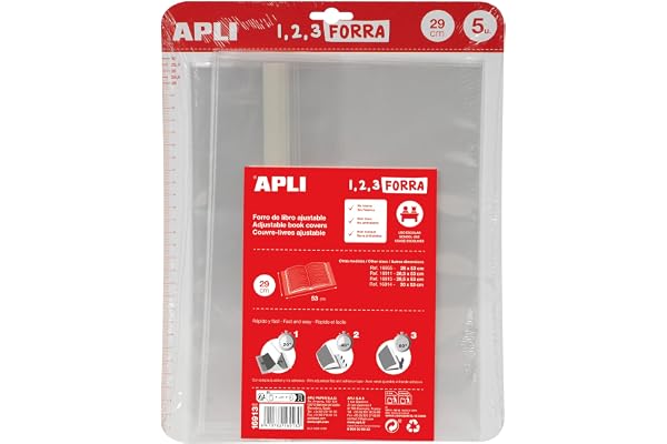 APLI 16913 - Forros Ajustables PP 29 x 53 cm, 75 µ, Pack 5 U. | Solapa Autoadhesiva Ajustable, Sin Tijeras ni Cinta, Conforme REACH.