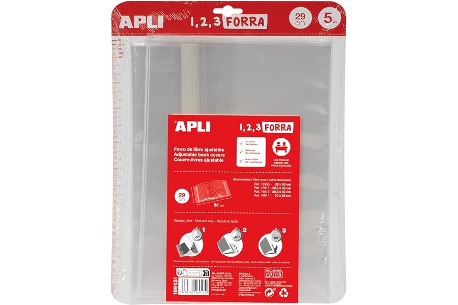 APLI 16913 - Forro de Libros con Solapa Ajustable PP. 29 x 53 cm, 75 µ