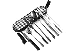 hecef Set Posate Portatili Nere 10 pezzi, Set Posate da Viaggio, Posate da Campeggio in Acciaio inox, Porta Posate Pranzo Ufficio con Cucchiaio Forchetta Coltello Bistecca Coltello ect. (Nero)