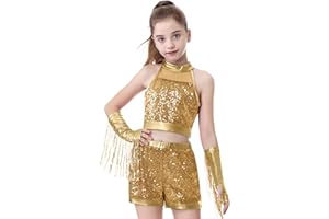 LOLANTA Girls Sequin Dance Outfit, Hip Hop Jazz Costume with Crop Top, Metallic Shorts with Tassel Sleeves 5-13 Years, Recital Stage Performance Costume