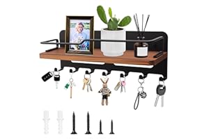 Qzakce Porte-Clés Mural en Bois avec 7 Crochets Porte-Clés Décoratif Porte-clés en Bois avec Étagère Organiseur pour Entrée, Couloir, Chambre, Salon (Noir)