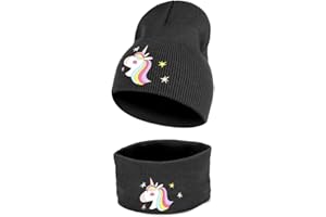 QKURT Girl’s Beanie Hat Snood Set, Winter Thermal Unicorn Hat Neck Gaiter Set Fit for Age of 5~10 Years Old Girls