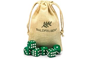 Waldfelsen Lot de 6, 12, 20, 30 ou 50 dés de haute qualité de taille standard de 16 mm en acrylique - Dés de jeu Dice à 6 côtés - Accessoires de jeu à six côtés avec sac en tissu (vert, 6 pièces)