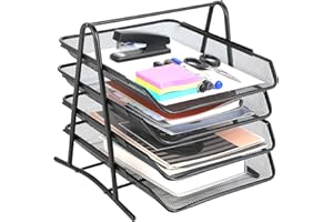 HISDRICUS Plateau Organisateur de Bureau 4 Niveaux, Dossier A4, Caisson de Bureau, Classeurs, Bureau d'ordinateur, Organisateur de Tiroirs, Matériau en Maille Métallique, Noir