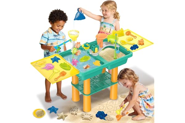 deAO Table de Jeux d'eau et de Sable 3 en 1 Pliable pour Enfants, Table d'Activités avec 24 Accessoires avec Roue à Aube, Moules, Bateau et Canne à Pêche, Jouet d'Extérieur pour 3+ Ans (Vert foncé)