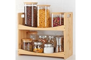 VIEWALL Portaspezie in Bambù,2 Livelli Organizer Cucina dal Design Creativo, Accessori Multifunzionale, in Piedi Mensole per Sala da Pranzo, Ufficio e Bagno