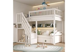‎JOVIFY Etagenbett 90x200, Kinderbett Hochbett mit Treppe und Aufbewahrungsschrank, Funktionsbett Einzelbett Stockbett Spielbett Kinderhochbett Jugendhochbett mit Lattenrost, Massivholz, Ohne Matratze, Weiß