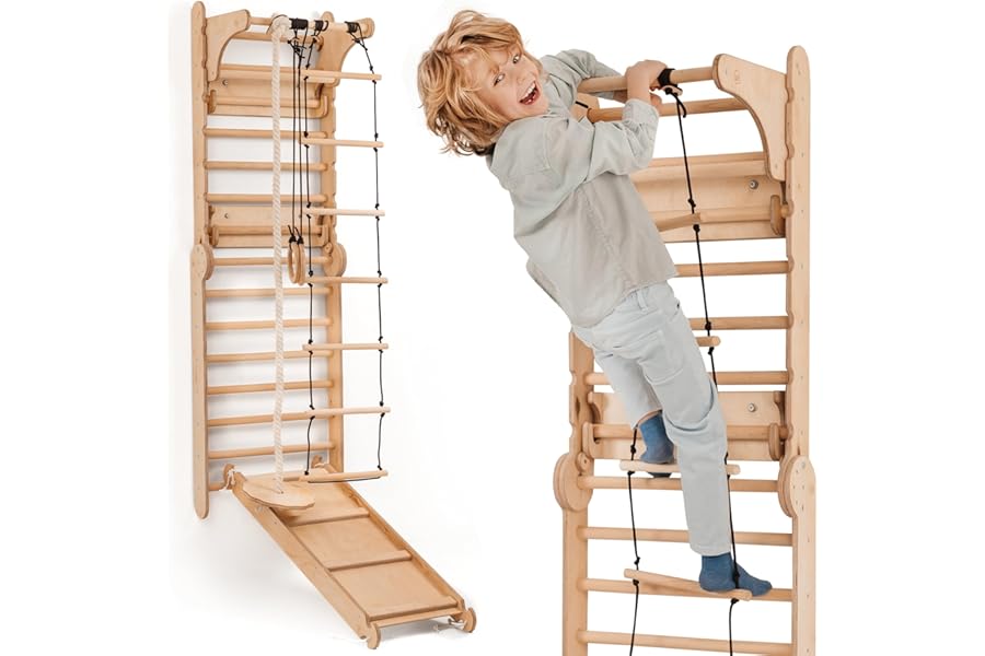 Goodevas 6-in-1 Wooden Swedish Wall & Slide Set – Versatile Indoor Climbing Frame for Kids, Includes Ladder, Slide Board, and Monkey Bars – For Ages 2-12