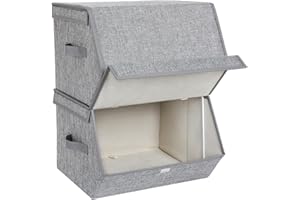 SONGMICS Set of 2 Storage Boxes with Lid, Stackable Folding Fabric Boxes, Metal Frame and Side Handles, for Accessories, Toys, Clothing, Grey RLB02GY