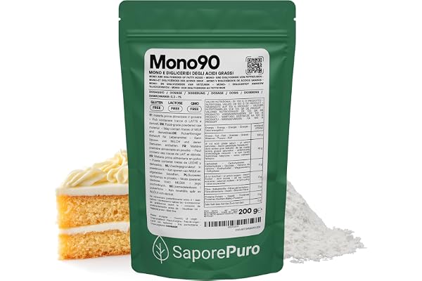 Saporepuro MONO90 – Destillerade Mono- och Diglycerider 200 g – Växtbaserat Livsmedelsemulgeringsmedel för Bageriprodukter, Pasta och Potatisprodukter