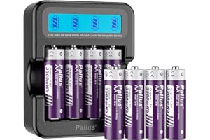 PALLUS Rechargeable AA Lithium Batteries, High Capacity 3500mWh, 2 H Fast Charge with 4-Slot Charger, Double A Rechargeable Batteries, 1500+ Cycles, for Controls, Toys, Wireless Mouse, Camera (4 Pack)