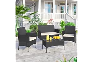 rattantree Rattan Garden Furniture Set,4 Pieces PE Garden Sofa Sets,All-Weather Patio Conversation Set with 2 Armchairs,2 Seats Sofa and 1 Tempered Glass Table for Poolside,Backyard,Balcony(Black)