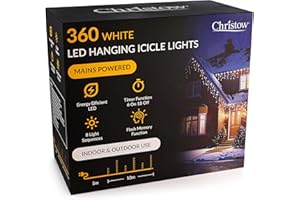 CHRISTOW Hanging Icicle Christmas Lights, 360 White LED, 10m Lit Length, Indoor & Outdoor, Mains Powered with Timer, 8 Flash Lighting Modes with Memory, Fairy String Light Xmas Decorations