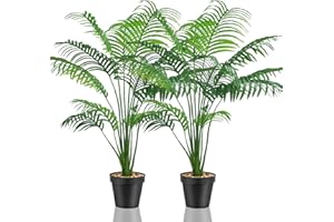 Lighterday Set di 2 piante artificiali decorative per interni, grandi piante finte di palma artificiale, piante alte in plastica, per ufficio, casa, interni ed esterni (2 vasi di palma gialla