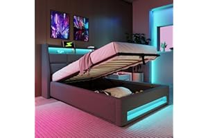 AUTHERIA Singolo Con Contenitore 90x200 cm Con LED e USB, Letto Imbottito Con Vano Portaoggetti e Testiera, Spazio e Rete a Doghe, Struttura