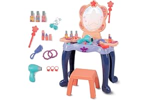 GalPat Baby - Tocador de Juguete niñas + Taburete - Incluye secador electrico + Accesorios - Espejo con música y Luces - Varita Mágica - Incluye 27 Piezas